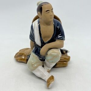 Vintage Chinese Wanjiang Mudman on Wood Pile w/ Axe & Hat Figurine-Signed